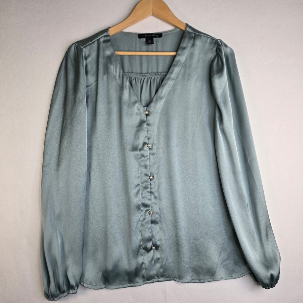 A Love Story Sage Green Satin Pearl Button V-Neck Blouse Petite Large PL